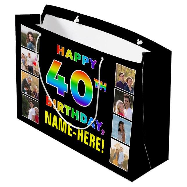 Grand Sac Cadeau 40e anniversaire : Rainbow Text, Custom Photos & N