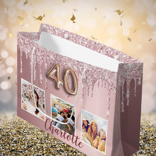 Grand Sac Cadeau 40e anniversaire rose parties scintillant gouttes