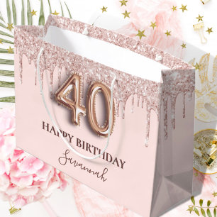 Grand Sac Cadeau 40e anniversaire rose rose rose gouttes d'or