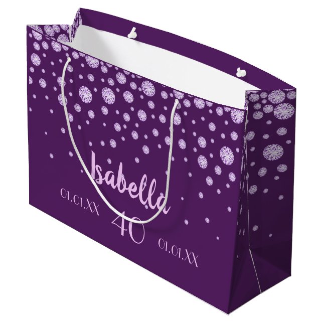 Grand Sac Cadeau 40e anniversaire rose violet nom diamants (Dos Angle)