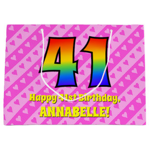 Grand Sac Cadeau 41e anniversaire : Pink Stripes & Hearts, Rainbow 