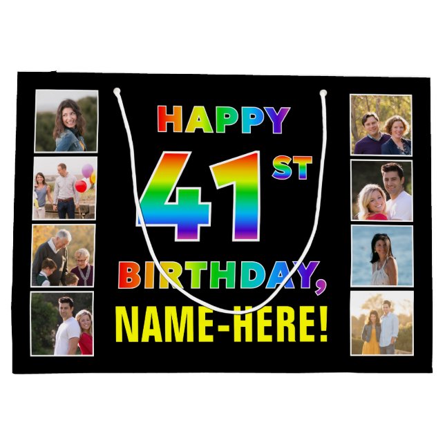 Grand Sac Cadeau 41e anniversaire : Rainbow Text, Custom Photos & N (Dos)