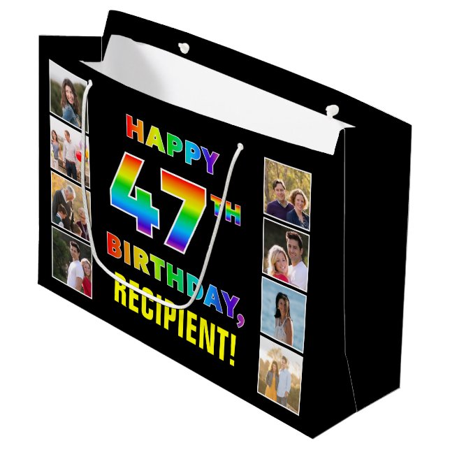 Grand Sac Cadeau 47e anniversaire : Rainbow Text, Custom Photos & N (Devant Angle)