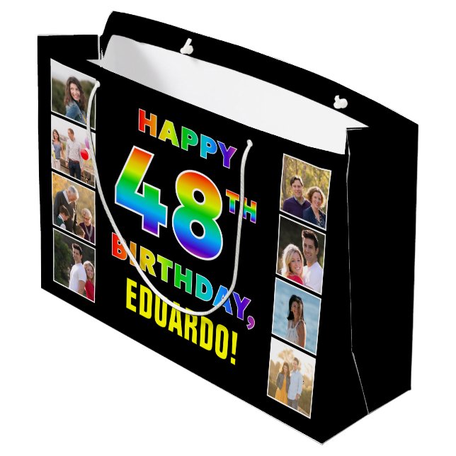 Grand Sac Cadeau 48e anniversaire : Rainbow Text, Custom Photos & N (Dos Angle)