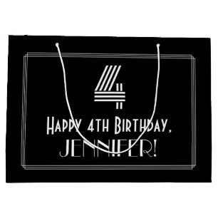 Grand Sac Cadeau 4e anniversaire — Art Déco Inspiré Look "4" & Nom