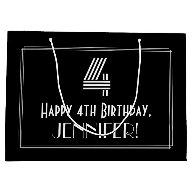 Grand Sac Cadeau 4e anniversaire — Art Déco Inspiré Look "4" & Nom (Dos)