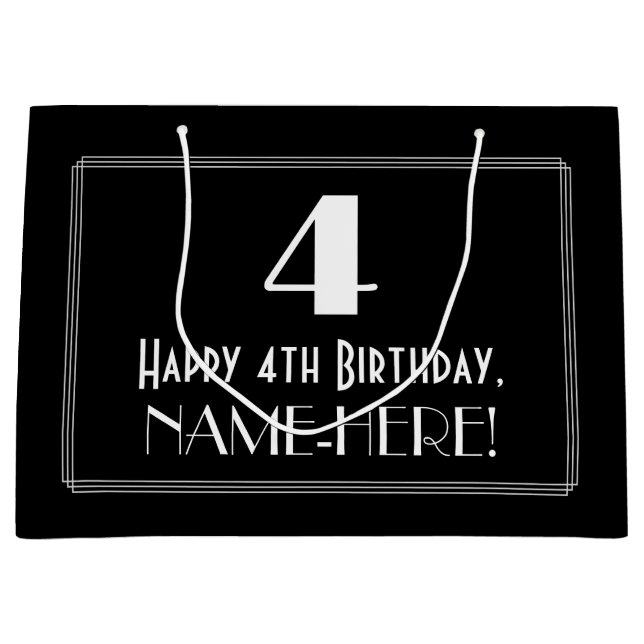 Grand Sac Cadeau 4ème anniversaire : Art Déco Style "4", Nom (Devant)