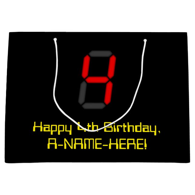 Grand Sac Cadeau 4ème anniversaire : Rouge Digital Horloge Style "4 (Devant)