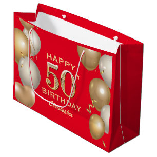 Grand Sac Cadeau 50e Anniversaire des Ballons Rouge et Or