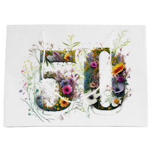 Grand Sac Cadeau 50e anniversaire Fleur sauvage décoratif Texte