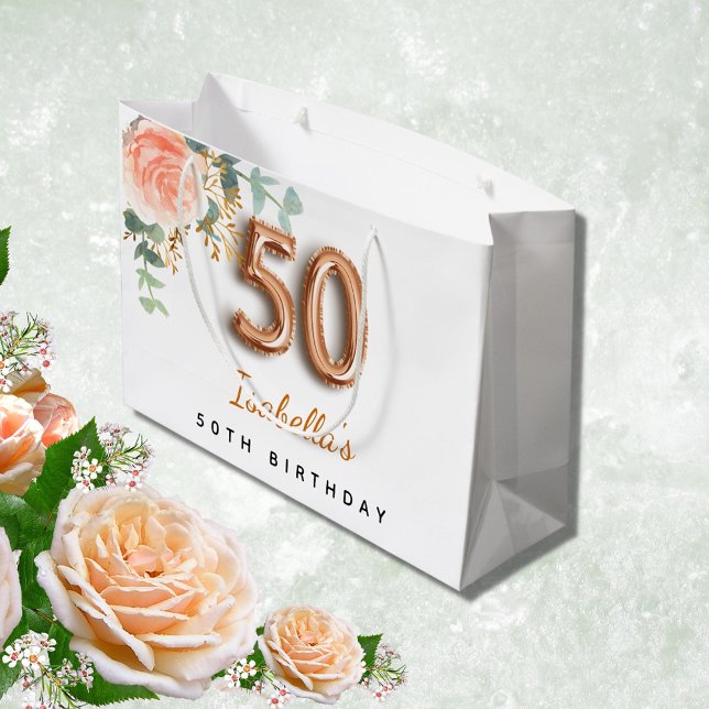 Grand Sac Cadeau 50e anniversaire floral rose or eucalyptus anniver (Créateur téléchargé)