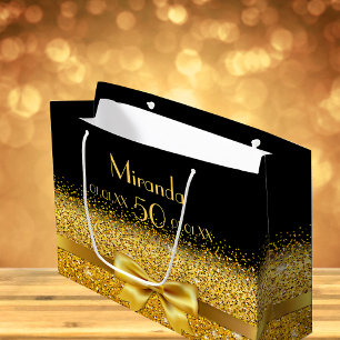 Grand Sac Cadeau 50e anniversaire noir or arc scintillant