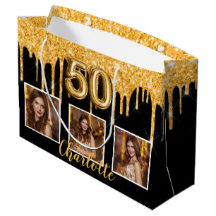 Grand Sac Cadeau 50e anniversaire noir parties scintillant d'or gou