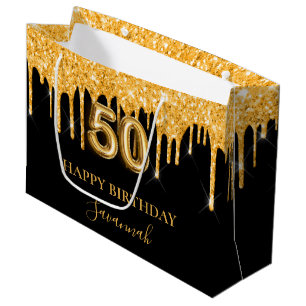 Grand Sac Cadeau 50e anniversaire noir parties scintillant or drips