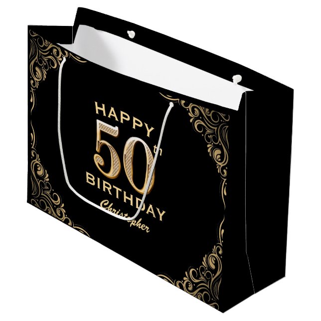 Grand Sac Cadeau 50e anniversaire Parties scintillant noir et or ca (Devant Angle)