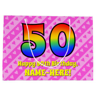 Grand Sac Cadeau 50e anniversaire : Pink Stripes & Hearts, Arc en c
