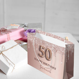 Grand Sac Cadeau 50e anniversaire rose or parties scintillant rose