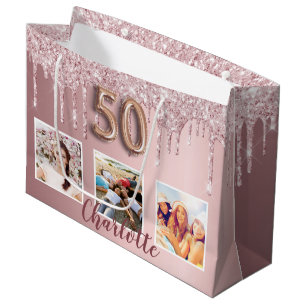 Grand Sac Cadeau 50e anniversaire rose parties scintillant gouttes