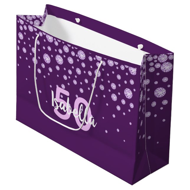 Grand Sac Cadeau 50e anniversaire rose violet nom diamants (Devant Angle)