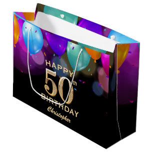 Grand Sac Cadeau 50e fête d'anniversaire Ballons noirs et or