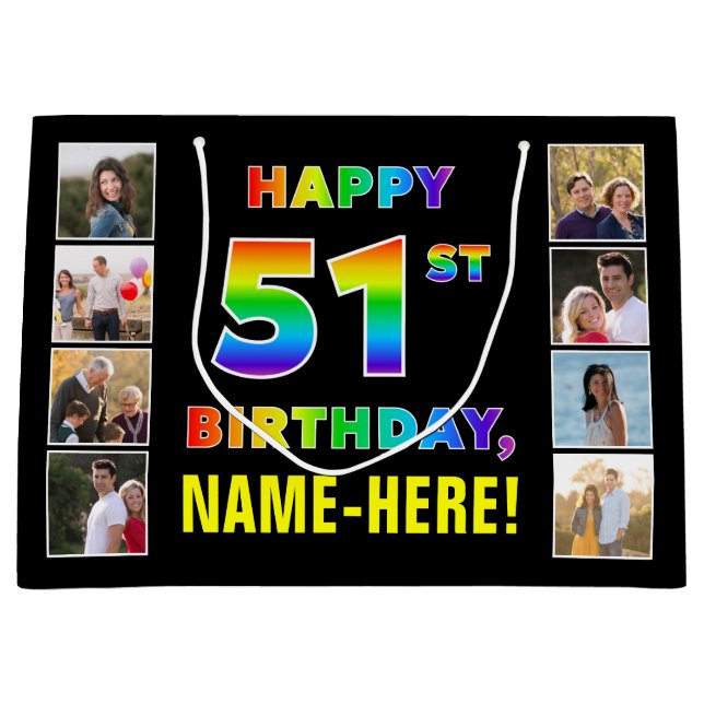 Grand Sac Cadeau 51e anniversaire : Rainbow Text, Custom Photos & N (Devant)