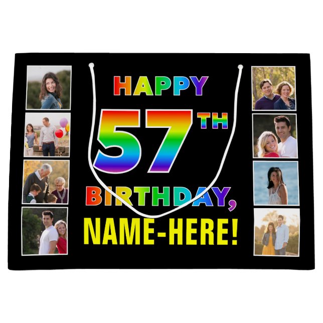 Grand Sac Cadeau 57e anniversaire : Rainbow Text, Custom Photos & N (Devant)