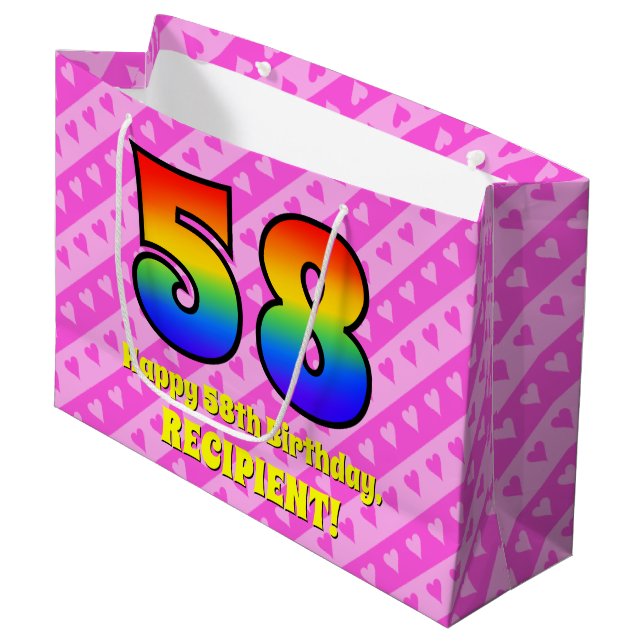 Grand Sac Cadeau 58e anniversaire : Pink Stripes & Hearts, Arc en c (Devant Angle)