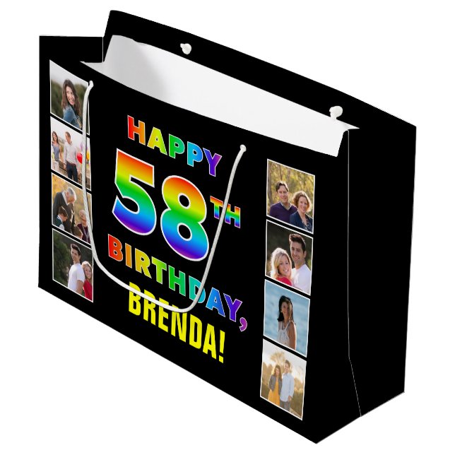 Grand Sac Cadeau 58e anniversaire : Rainbow Text, Custom Photos & N (Devant Angle)