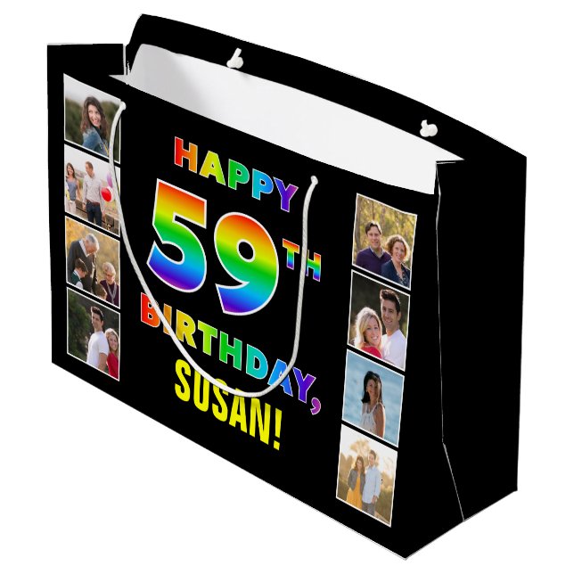 Grand Sac Cadeau 59e anniversaire : Rainbow Text, Custom Photos & N (Dos Angle)