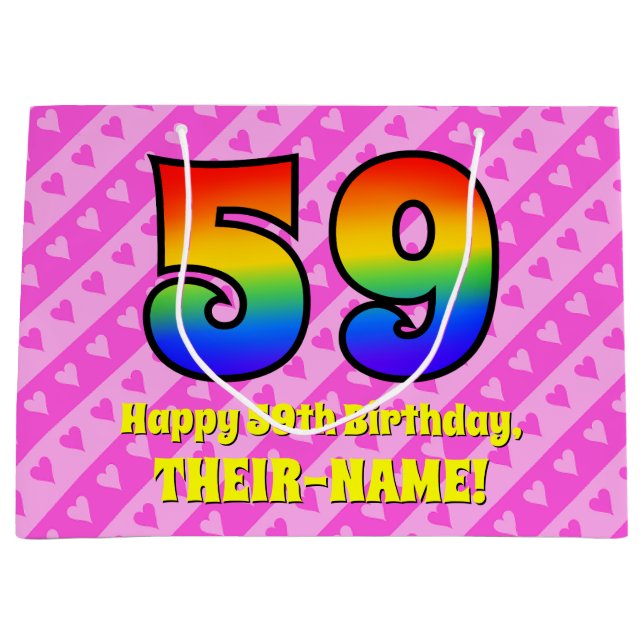 Grand Sac Cadeau 59e Anniversaire : Rayures roses & Cœurs, Arc-en-c (Devant)