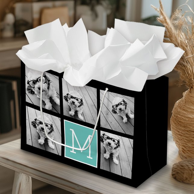 Grand Sac Cadeau 5 Photo Collage Monogramme Noir et Turquoise (Custom Gift Bag)