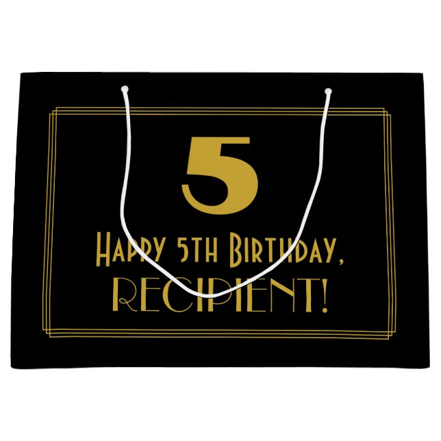 Grand Sac Cadeau 5e anniversaire — Art Déco Inspiré Look "5" & Nom (Devant)