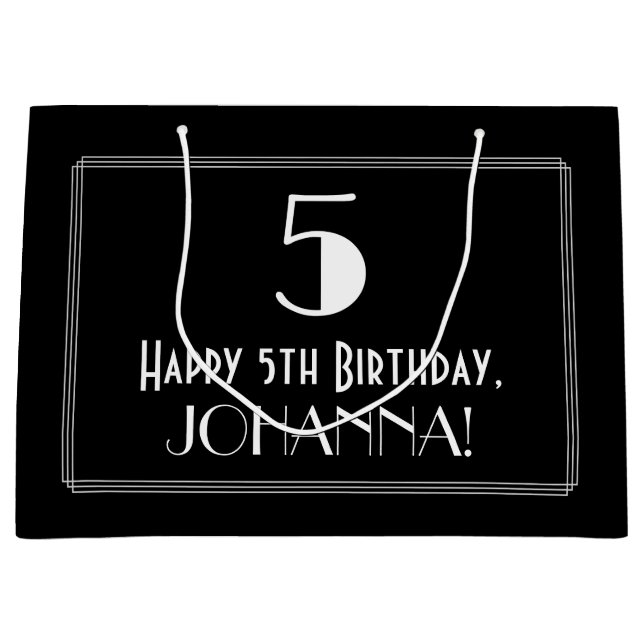Grand Sac Cadeau 5e anniversaire : Art Déco Style "5", Nom (Devant)