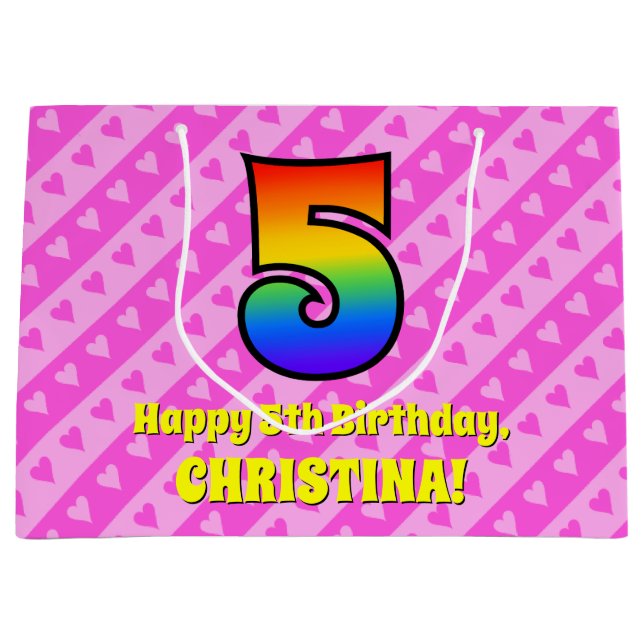 Grand Sac Cadeau 5e anniversaire : Pink Stripes & Hearts, Rainbow # (Devant)