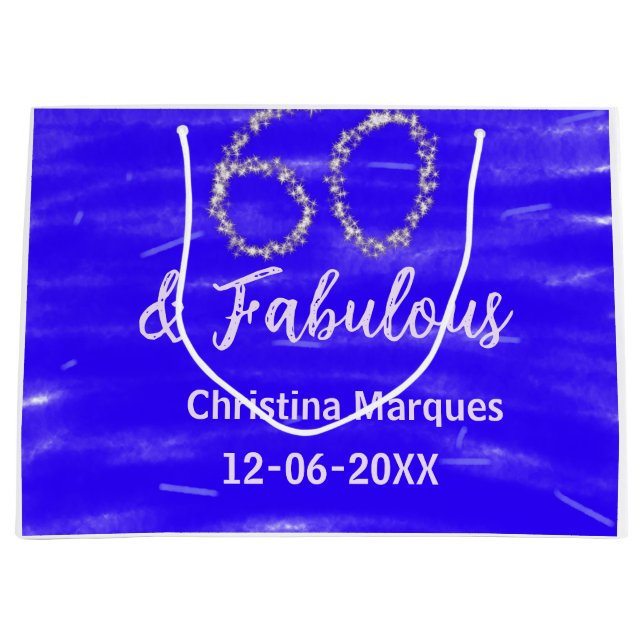 Grand Sac Cadeau 60 & fabuleux anniversaire bleu argent ajouter nom (Devant)