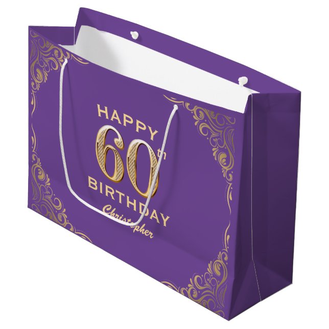 Grand Sac Cadeau 60e anniversaire fête violet et Parties scintillan (Devant Angle)