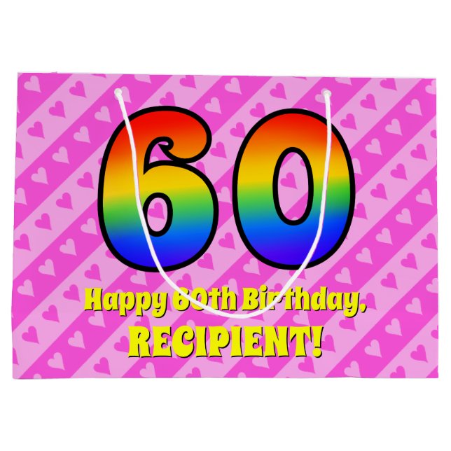 Grand Sac Cadeau 60e anniversaire : Pink Stripes & Hearts, Arc en c (Dos)