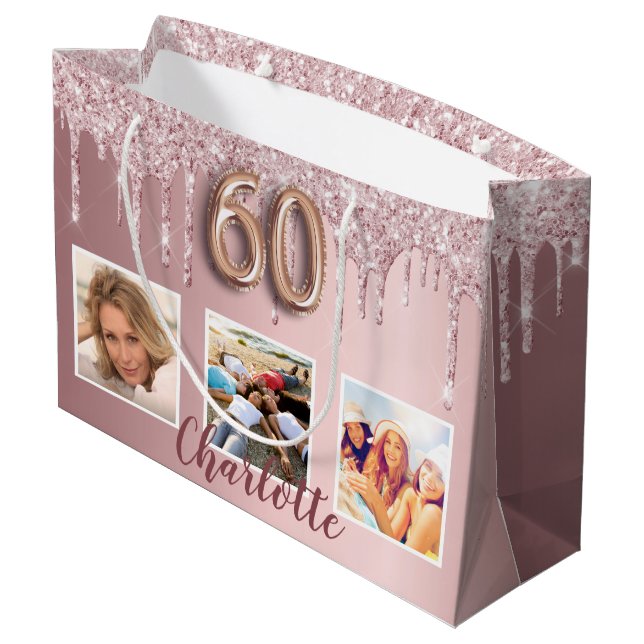 Grand Sac Cadeau 60e anniversaire rose parties scintillant gouttes  (Dos Angle)