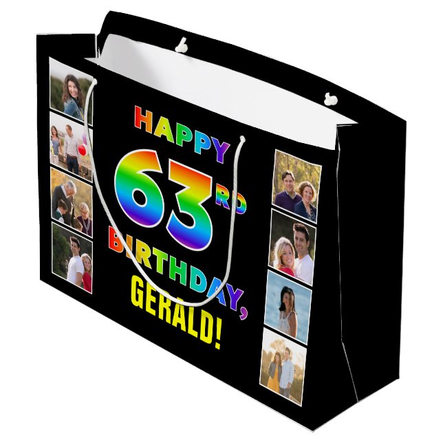 Grand Sac Cadeau 63e anniversaire : Rainbow Text, Custom Photos & N (Dos Angle)