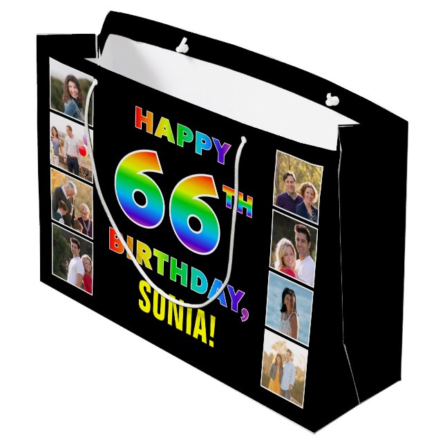 Grand Sac Cadeau 66e anniversaire : Rainbow Text, Custom Photos & N (Dos Angle)