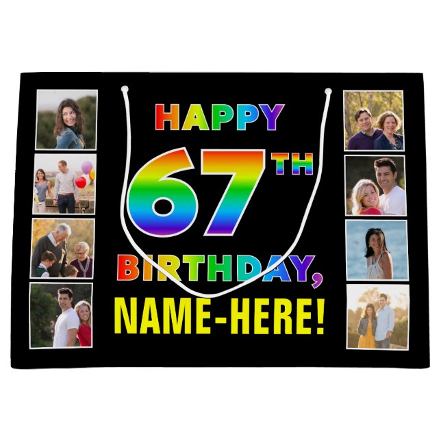 Grand Sac Cadeau 67e anniversaire : Rainbow Text, Custom Photos & N (Devant)