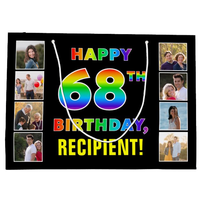 Grand Sac Cadeau 68e anniversaire : Rainbow Text, Custom Photos & N (Dos)
