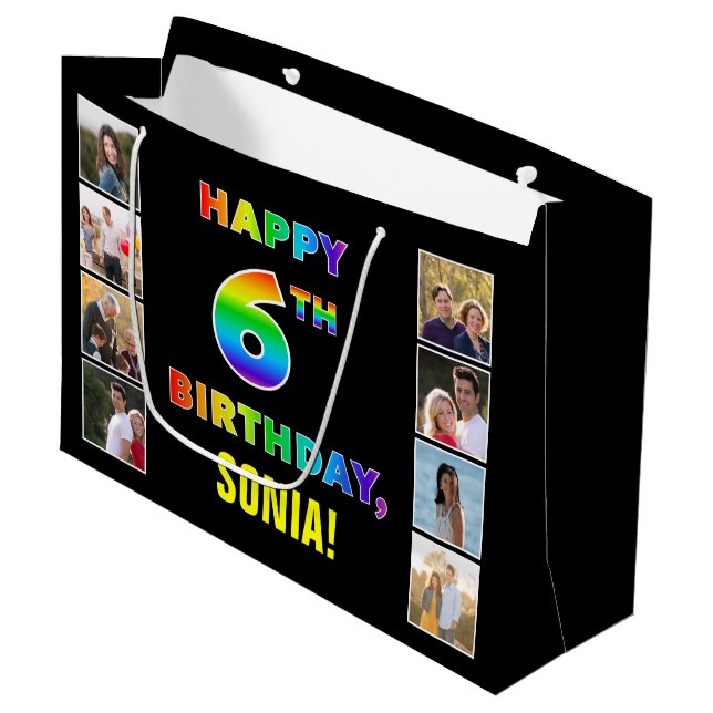 Grand Sac Cadeau 6e anniversaire : Rainbow Text, Custom Photos & Na (Devant Angle)