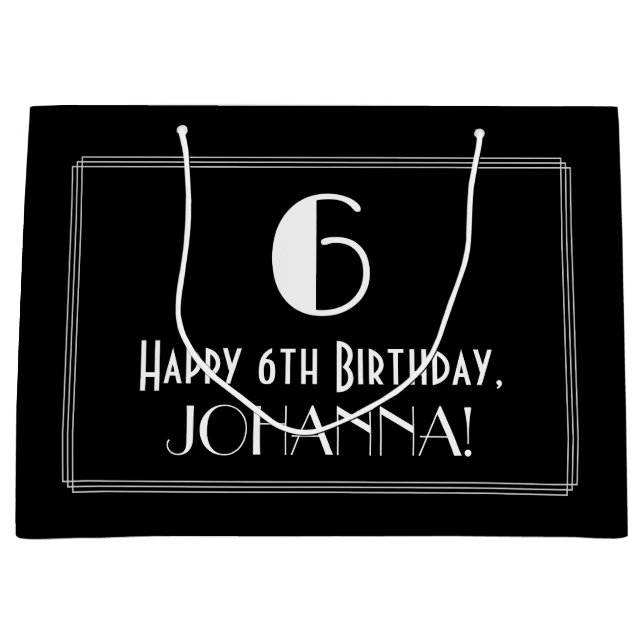 Grand Sac Cadeau 6ème anniversaire : Art Déco Style "6", Nom (Devant)