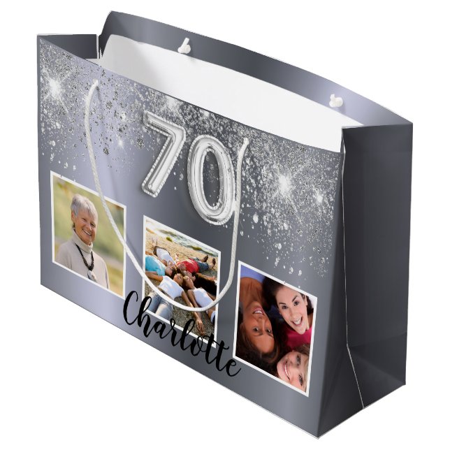 Grand Sac Cadeau 70e anniversaire argent parties scintillant photo  (Dos Angle)