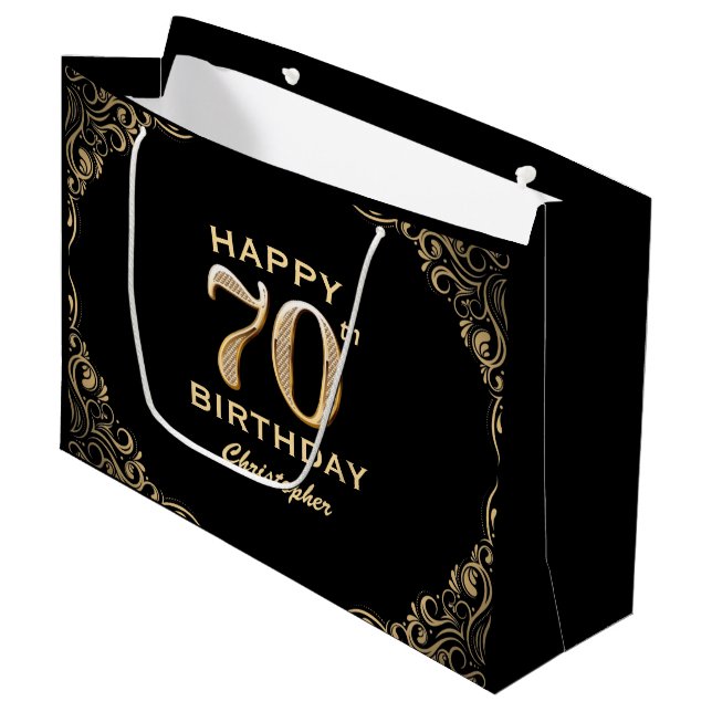 Grand Sac Cadeau 70e anniversaire Parties scintillant noir et or ca (Devant Angle)