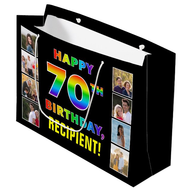 Grand Sac Cadeau 70e anniversaire : Rainbow Text, Custom Photos & N (Devant Angle)