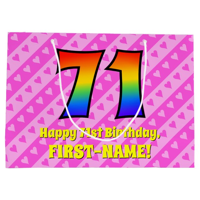 Grand Sac Cadeau 71e anniversaire : Pink Stripes & Hearts, Arc en c (Dos)