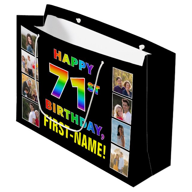 Grand Sac Cadeau 71e anniversaire : Rainbow Text, Custom Photos & N (Devant Angle)