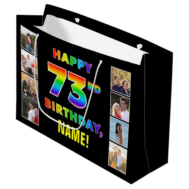 Grand Sac Cadeau 73e anniversaire : Rainbow Text, Custom Photos & N (Devant Angle)